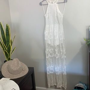 Halter lace overlay maxi dress